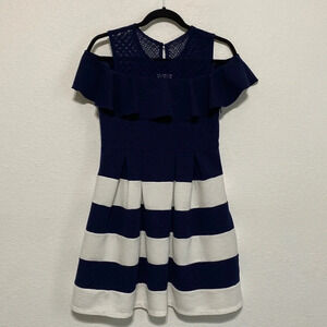 Beautees Girls Nautical Blue/White Fit and Flare Cold Shoulder Dress Size 16